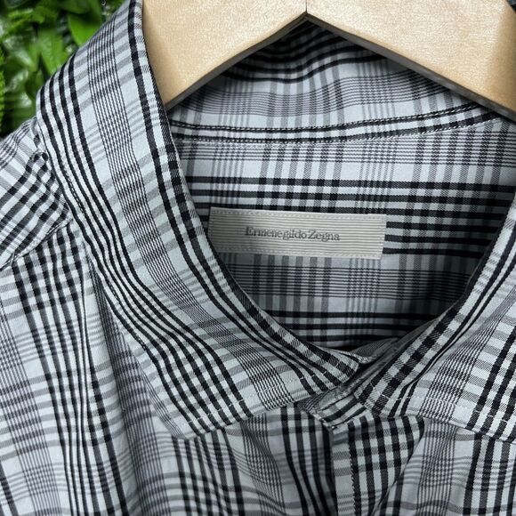 ERMENEGILDO ZEGNA Men Shirt XL Gray Black Plaid Collared Button Italy Made 1548 - Picture 4 of 12